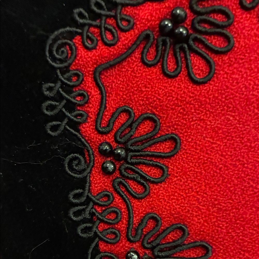 Suzelle Crimson wool holiday suit with Black velvet + Passementerie Trim size 4.